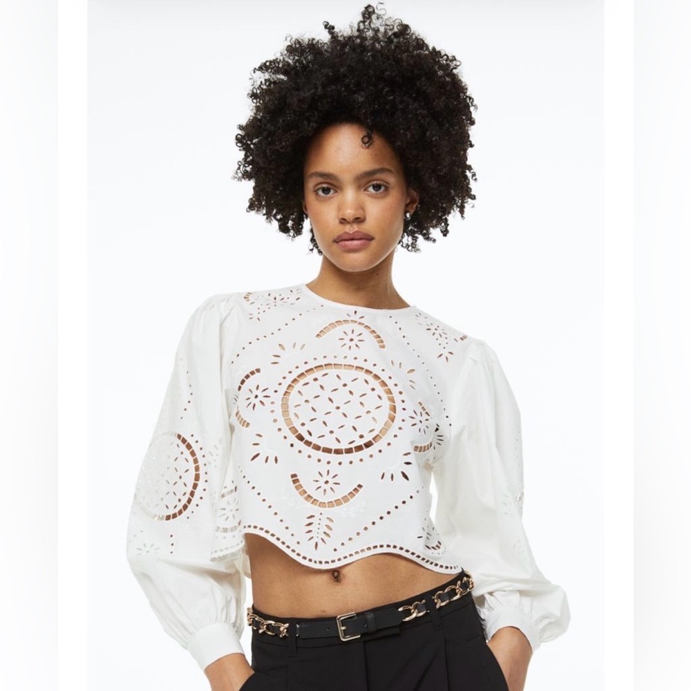H&M white cotton poplin shirt, embroidered eyelet, size XL